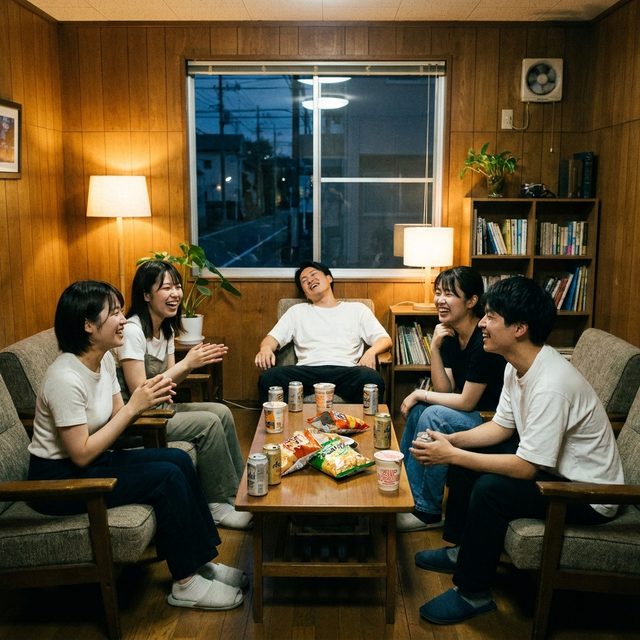 宿舎のラウンジで話す合宿生(AI生成イメージ)