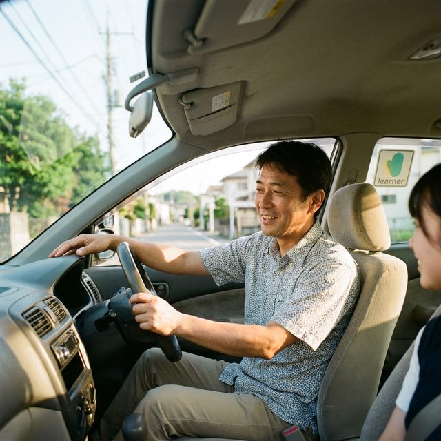 教習車の助手席で微笑む教官(AI生成イメージ)