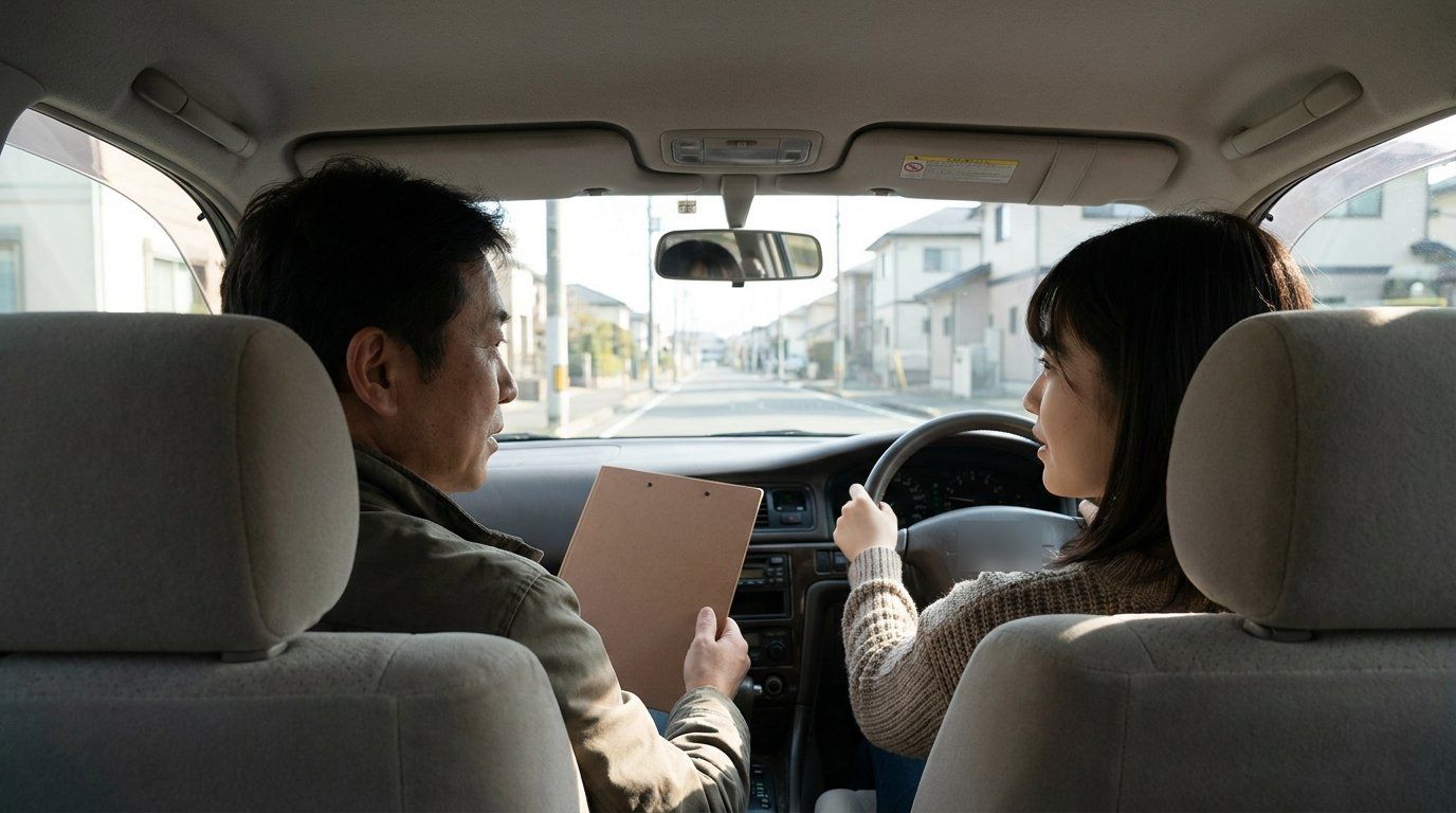 卒業検定で教習車を運転する受験者と助手席の検定員